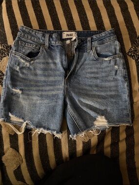 PAIGE Sarah Longline Medium Blue Distressed Raw-Hem Denim Shorts